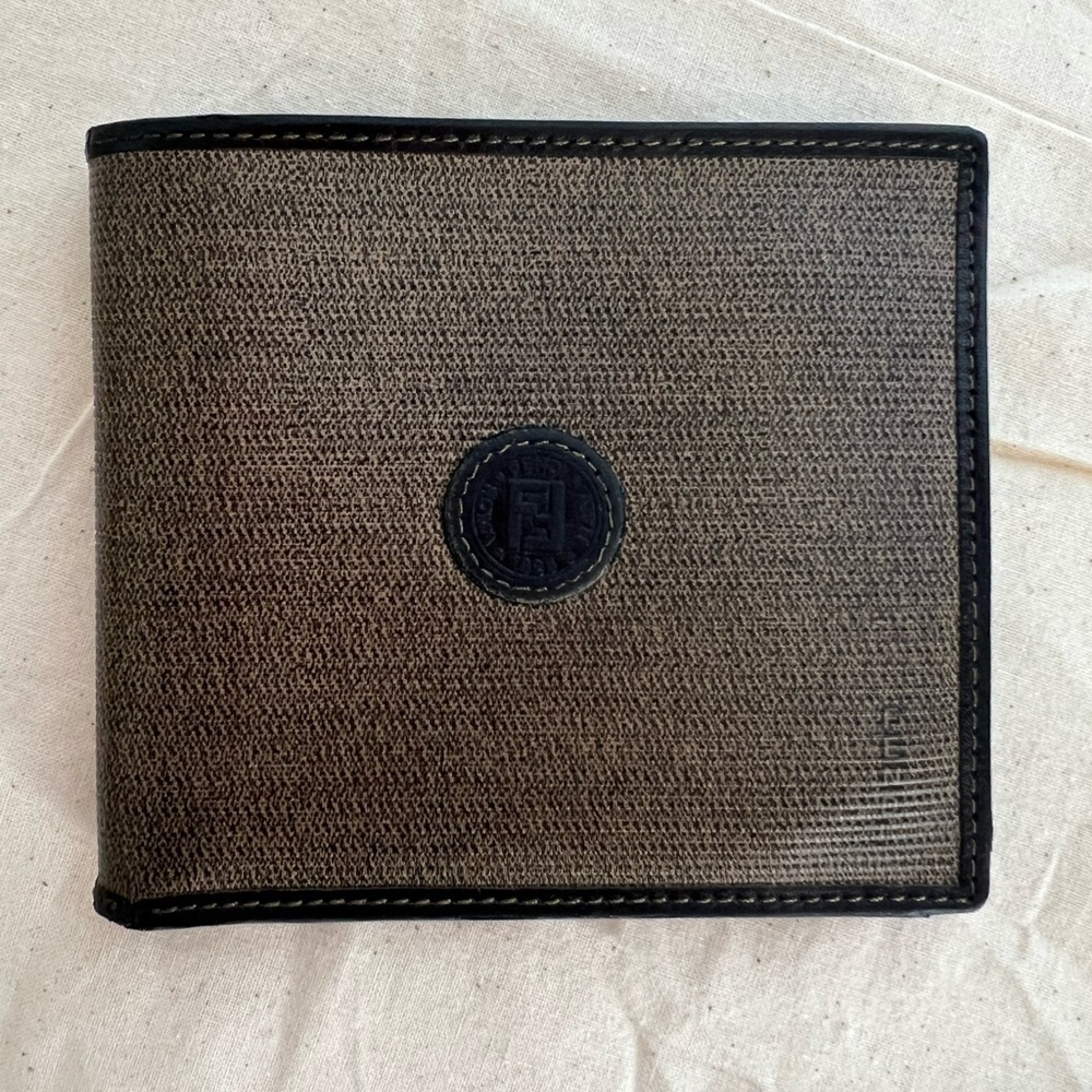 FENDI Mini ZUCCA Leather Bifold Credit Card Gold Tone Logo Wallet